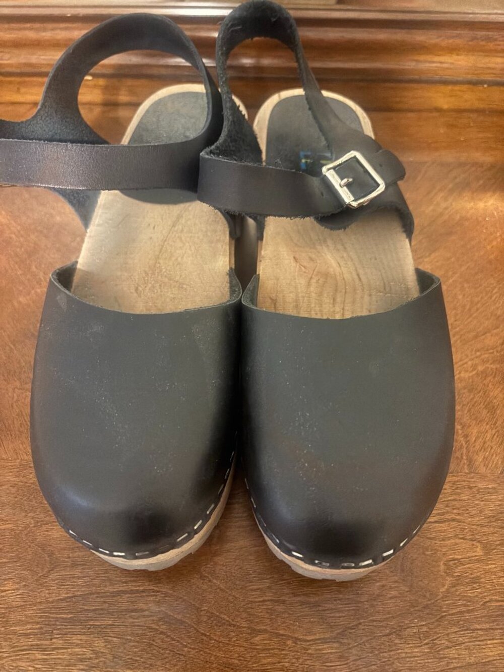 Swedish Hasbeens Black Leather Wooden Clog Sandals EU 39